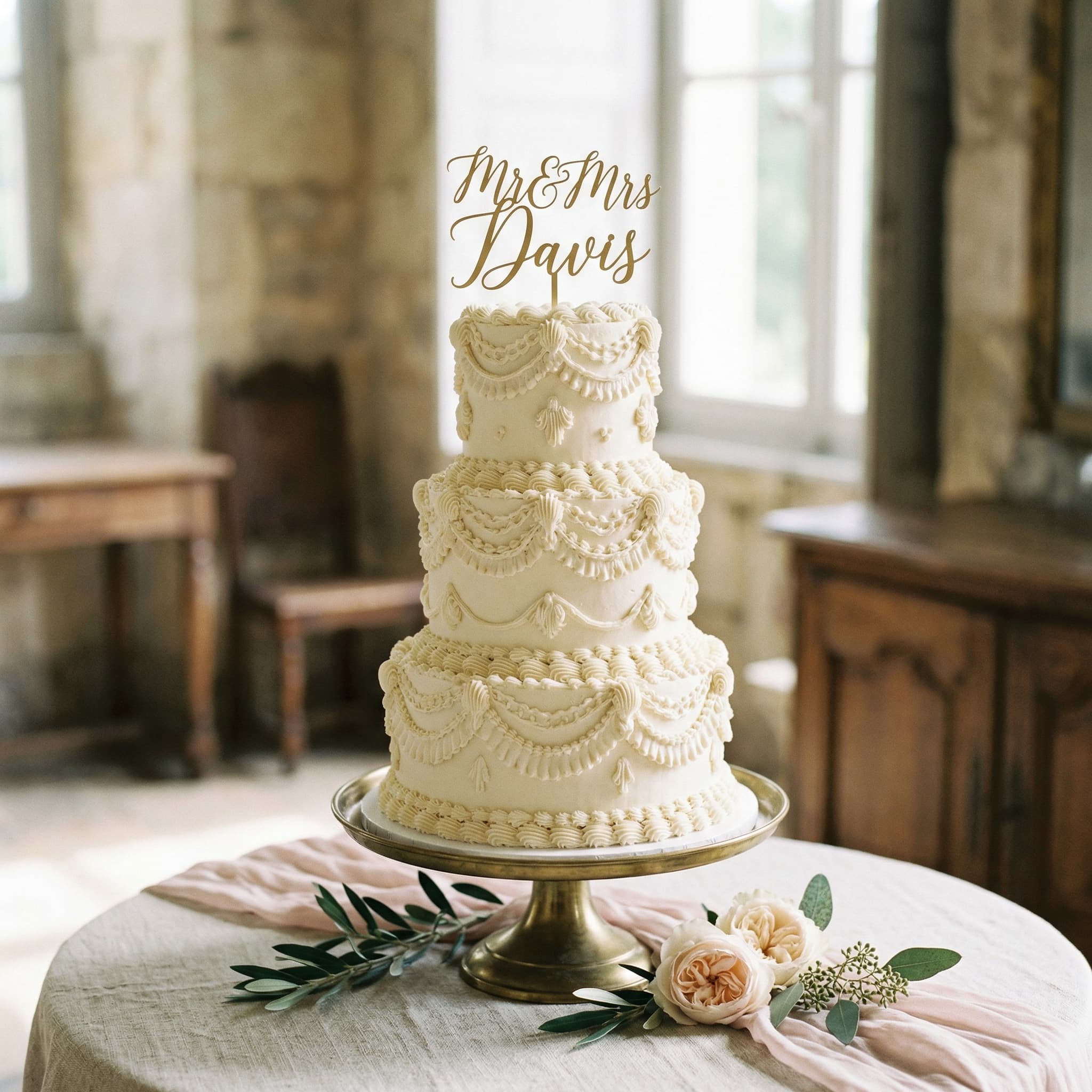 Personalized Heirloom Wedding Cake Topper | Custom Calligraphy Mr. & Mrs. Centerpiece