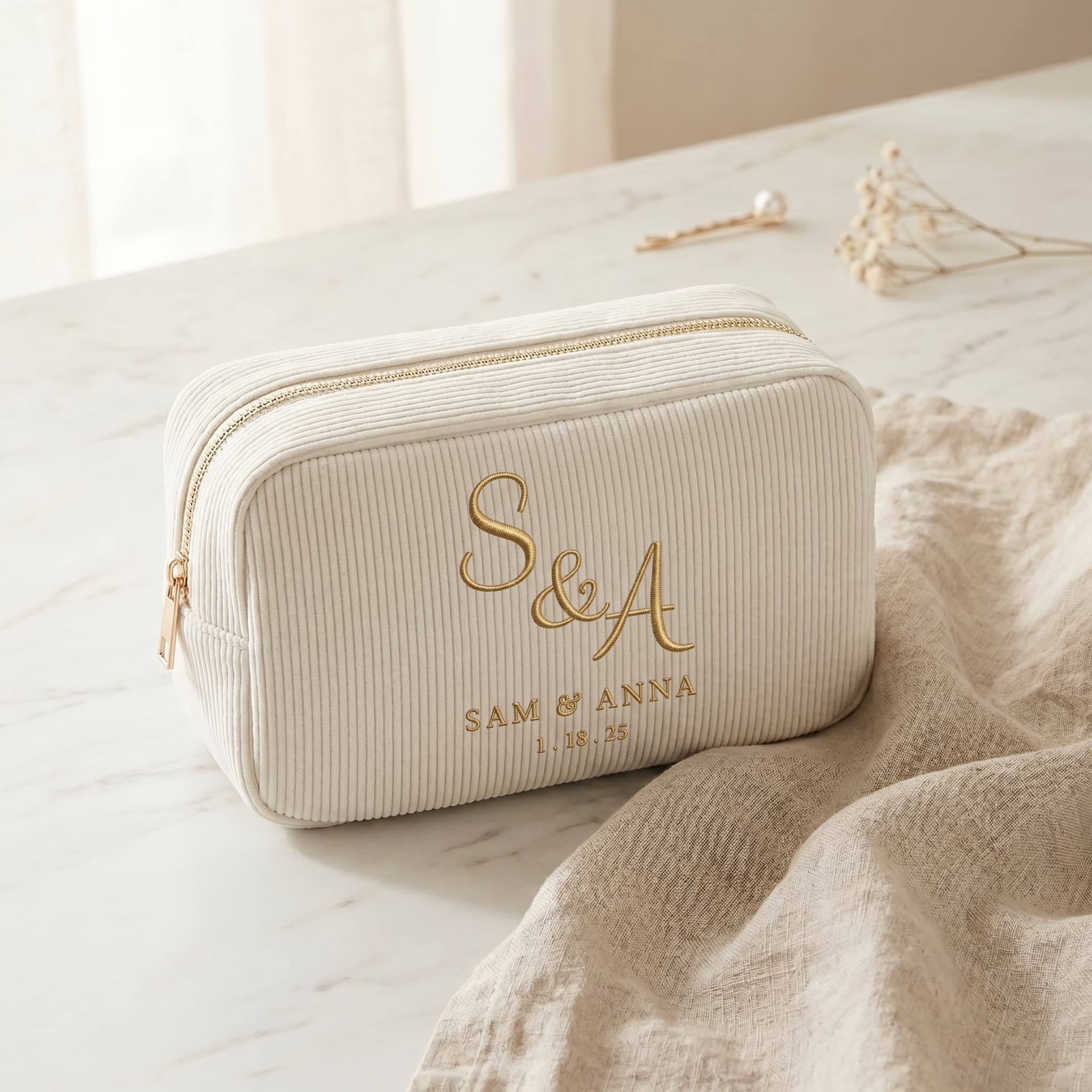 The Heirloom Corduroy Cosmetic Pouch | Personalized Bridal Party Gift