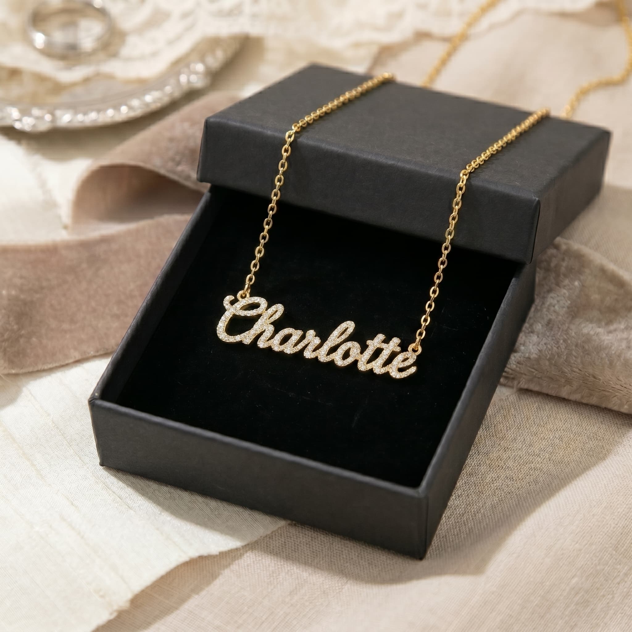 Bespoke Diamond Pavé Name Necklace | Heirloom Script Pendant